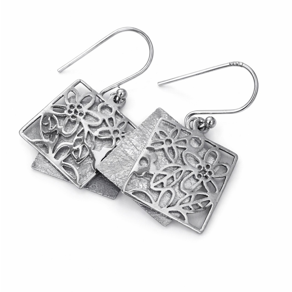 Sterling Silver 925 Floral Cutout Square Dangle Earrings Lightweight Boho